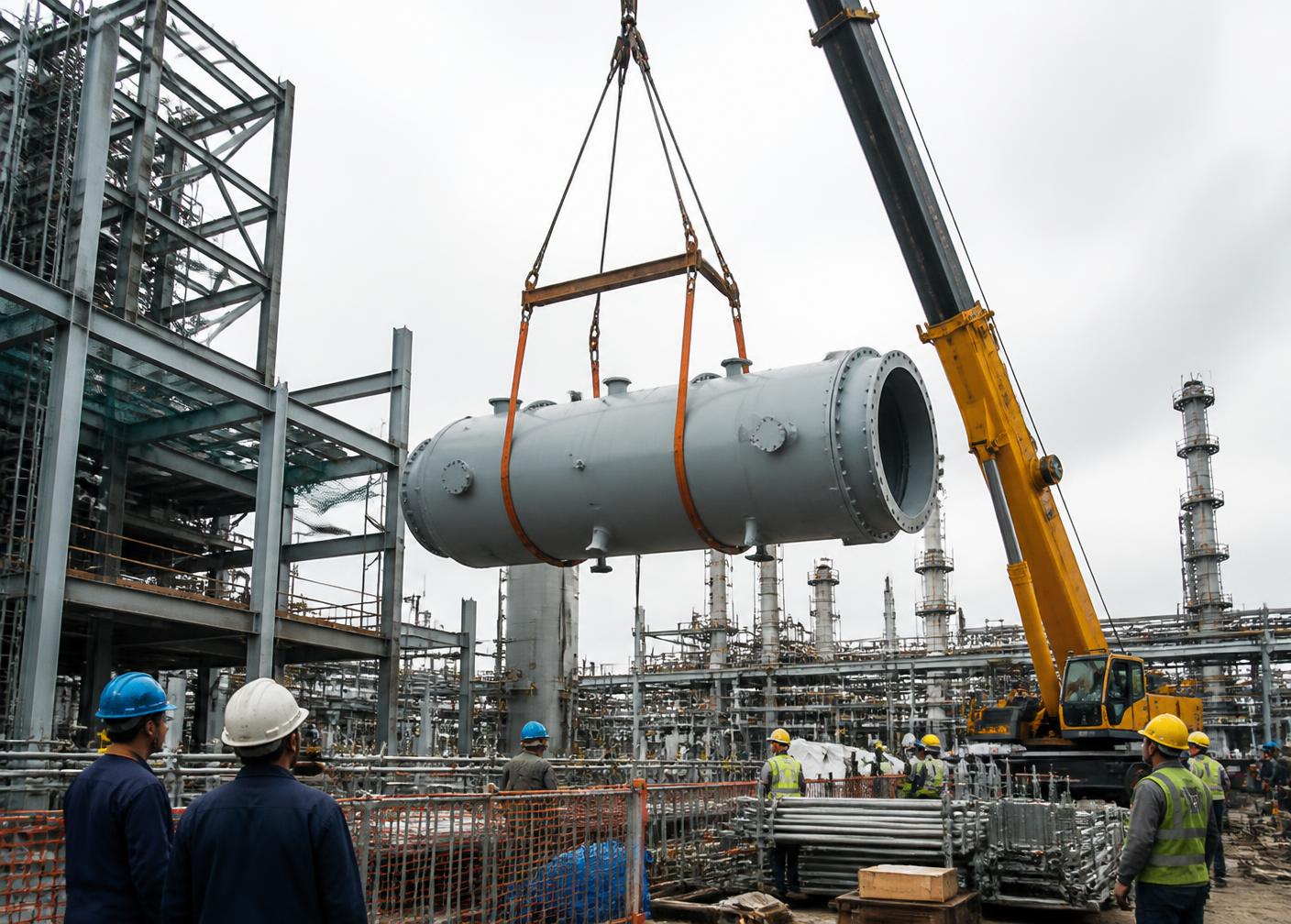 Montaje de un equipo mecánico en una obra de construcción industrial