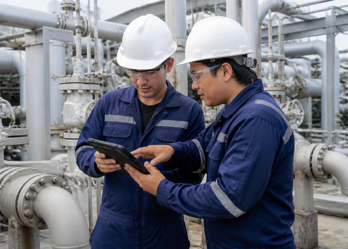Ingenieros industriales revisando información técnica junto a tuberías de proceso