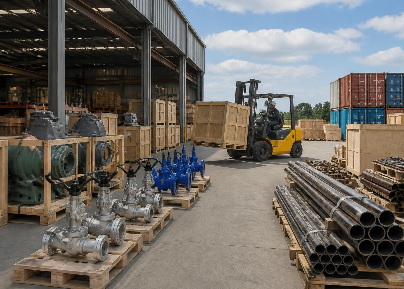 Patio de procura y logística industrial con equipos, válvulas y tuberías embaladas