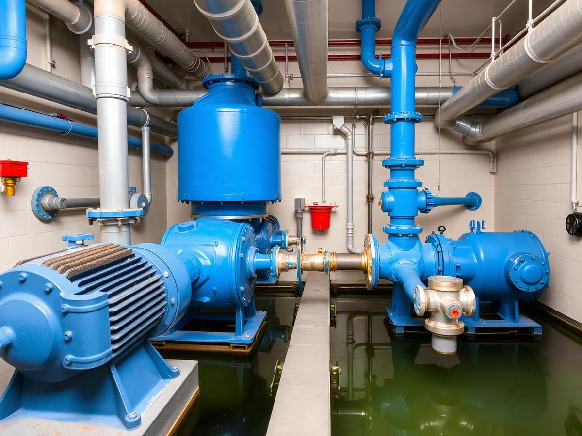 Estación de bombeo con equipos y tuberías de agua